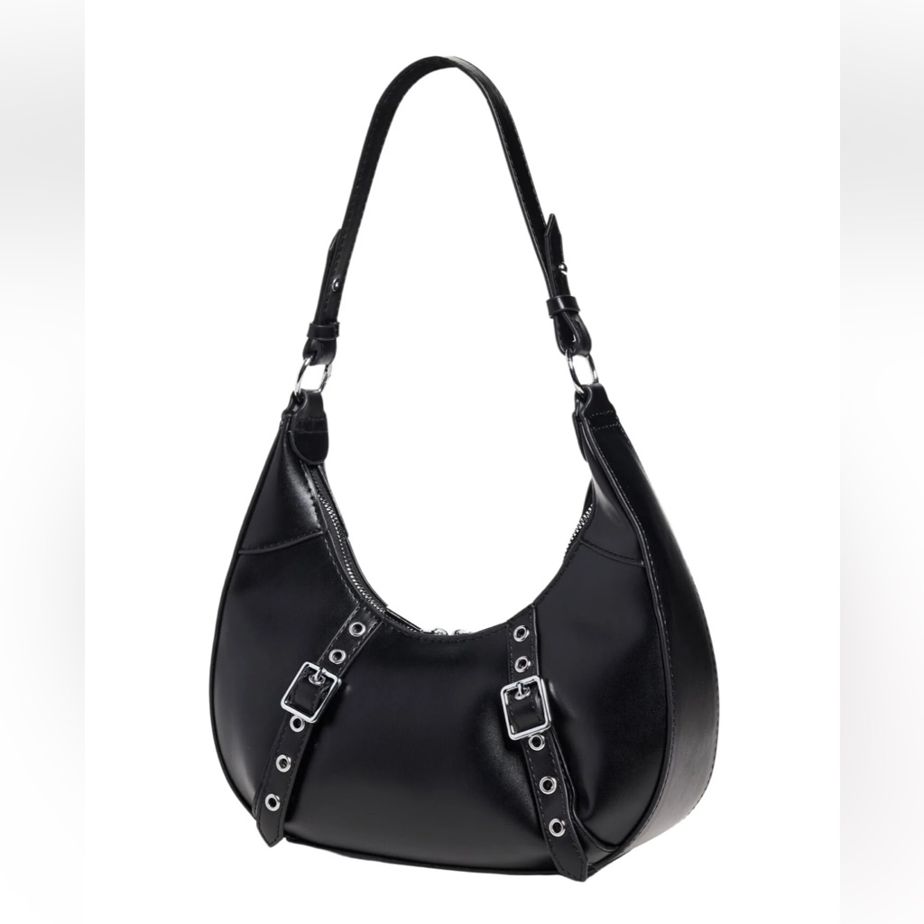 8 Other Reasons Black Double Buckle Vegan Leather Shoulder Bag Nwt